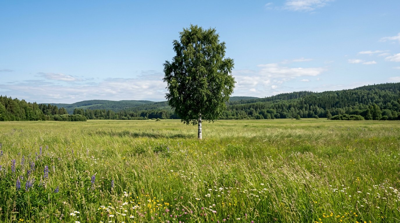 Ett björkträd på en grön sommaräng