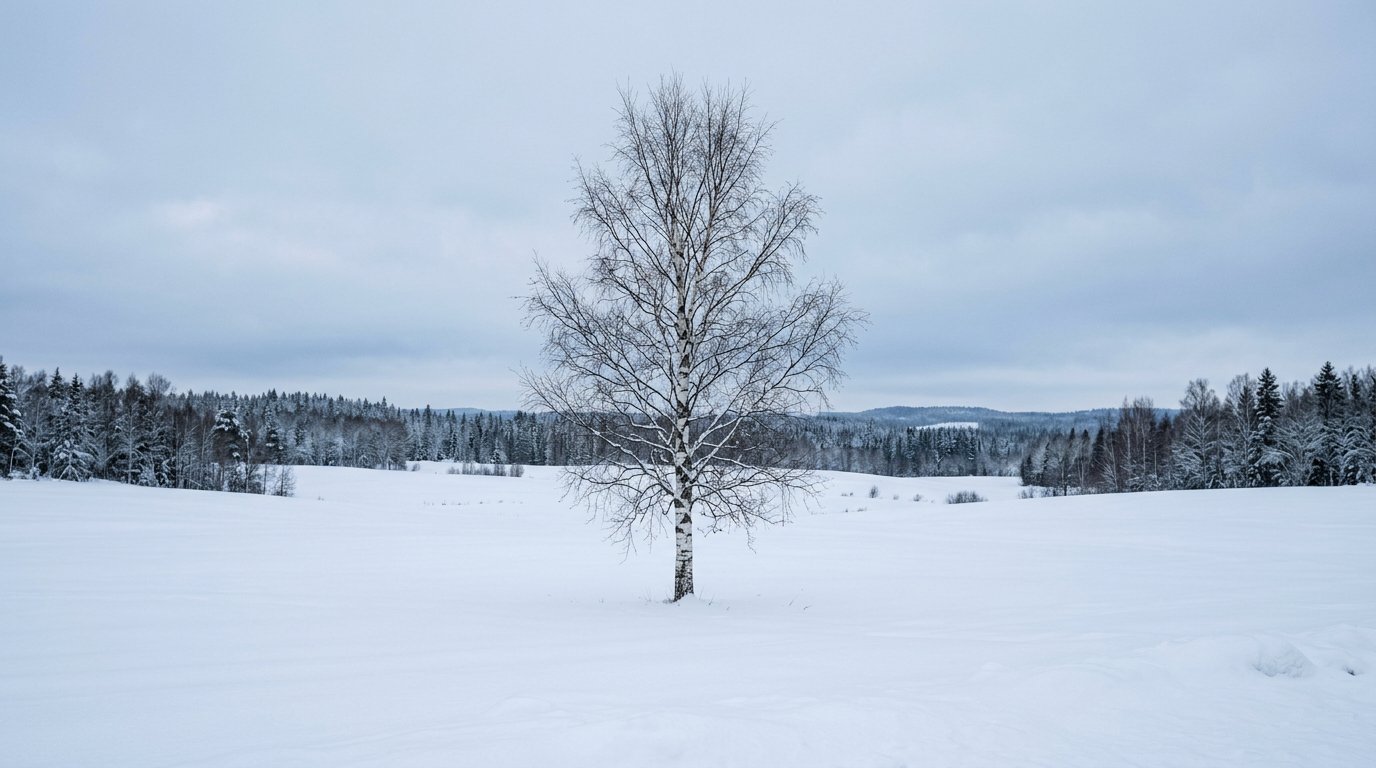 Kal björk i en snötäckt äng på vintern