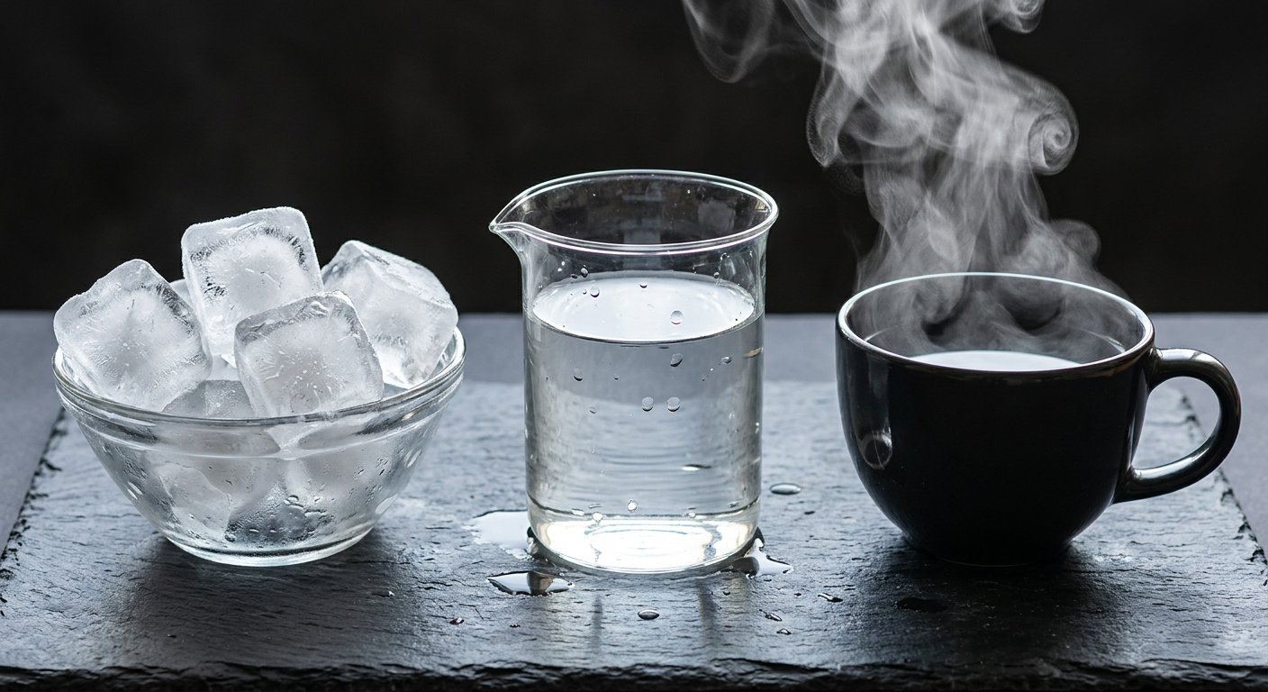 Vatten i tre former: is i en skål, flytande vatten i ett glas och ånga från en kopp
