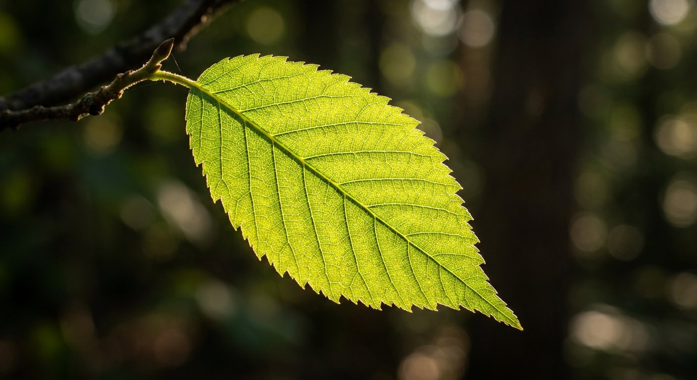 Ett grönt löv genomlyst av sol