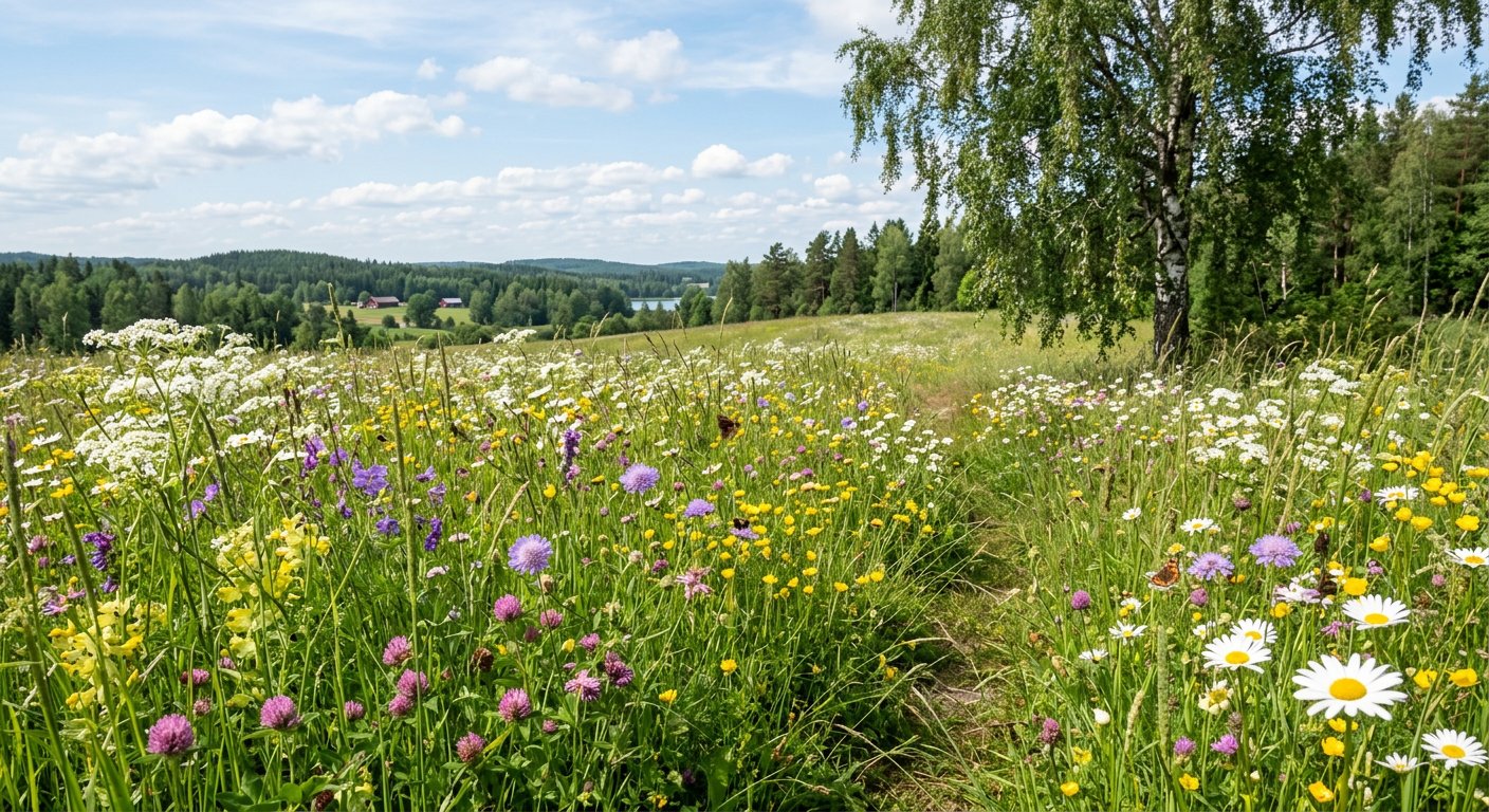 En artrik svensk sommaräng med många olika blommor och gräs