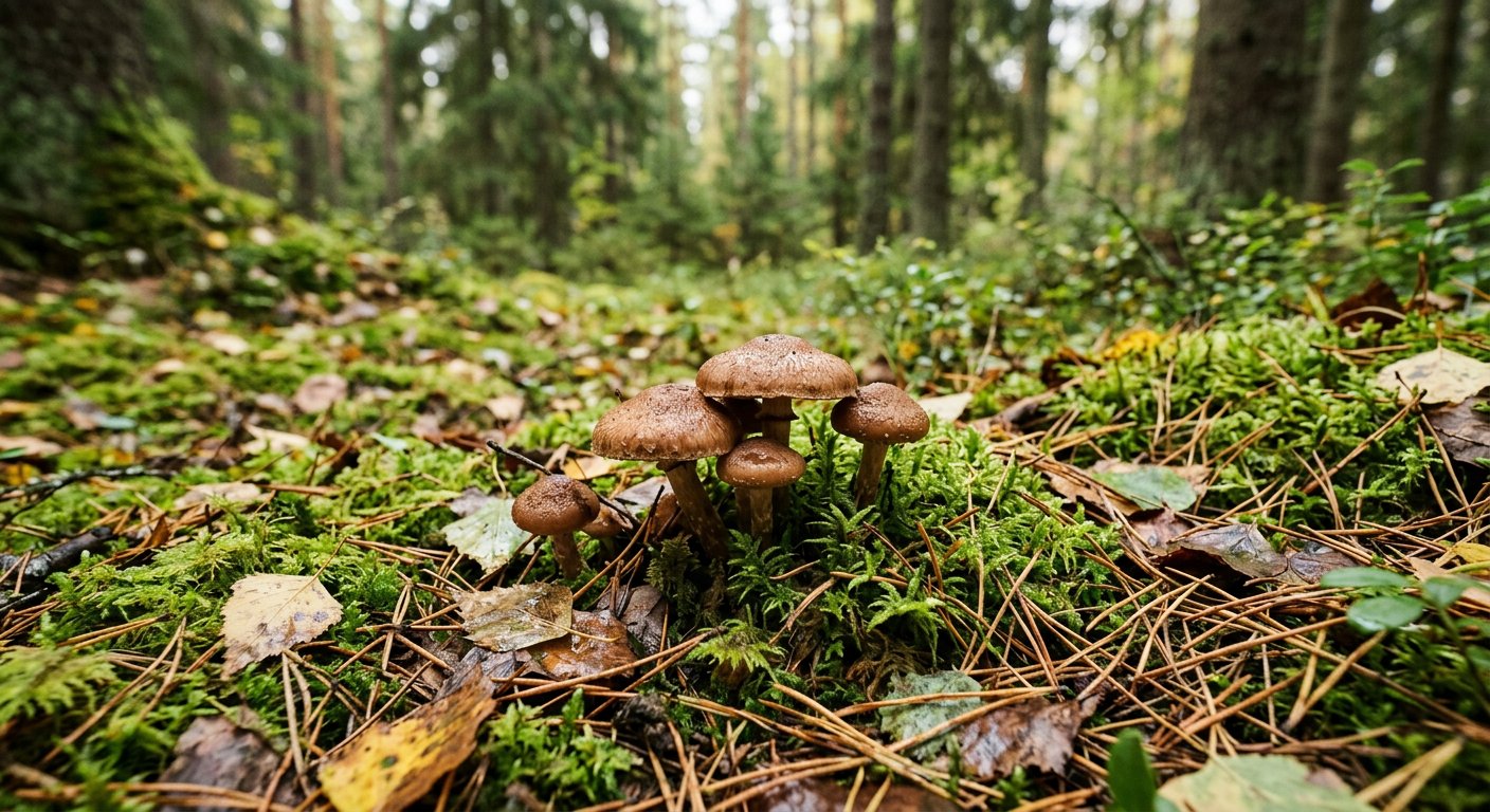 Bruna svampar som växer bland mossa och barr på skogsmark